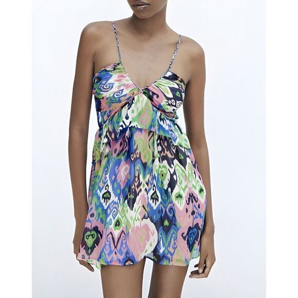 Zara Womens Mini Dress Ikat Printed XS Multicolor Ruffle 3464/270 NWT - Picture 1 of 9